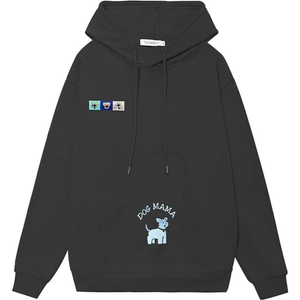 Dog Mama Embroidered Hoodie Sweatshirt M Black Pullover One Sided Pocket NEW